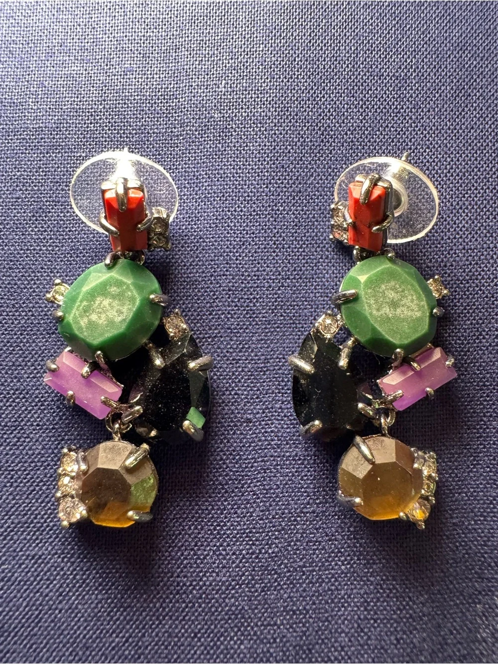 CAbi Multicolor Gem Cluster Drop Earrings - Green, Black, Purple, Amber